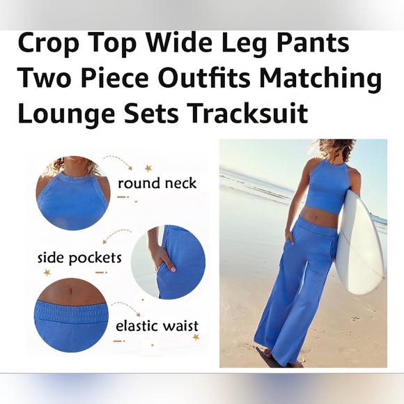 Crop Top Wide Leg Pants Two Piece Matching Lounge Set Tracksuit #813 - Picture 12 of 13